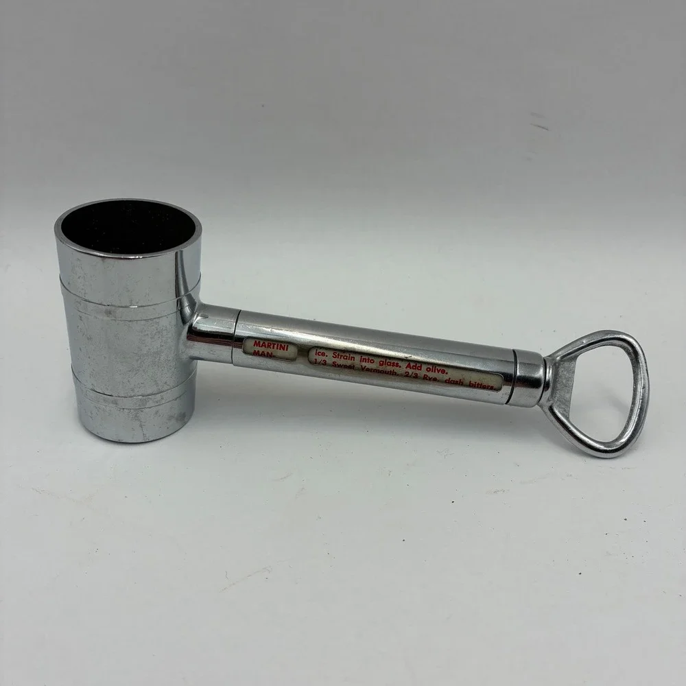 Vintage Chrome Hammer Bar Tool Jigger Bottle Opener Rotating Recipe Guide 6.5 in